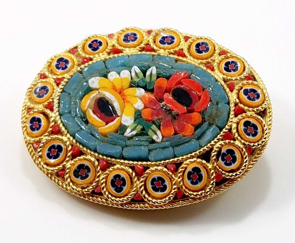 Vintage Italian Floral Micro Mosaic Oval Brooch, Murano Glass, 1950s, 1 1/2 Inch